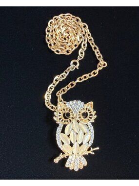 Gold Tone Owl Statement Necklace, Faux Opal Cat Eye Marquise Stones & Rhinestone